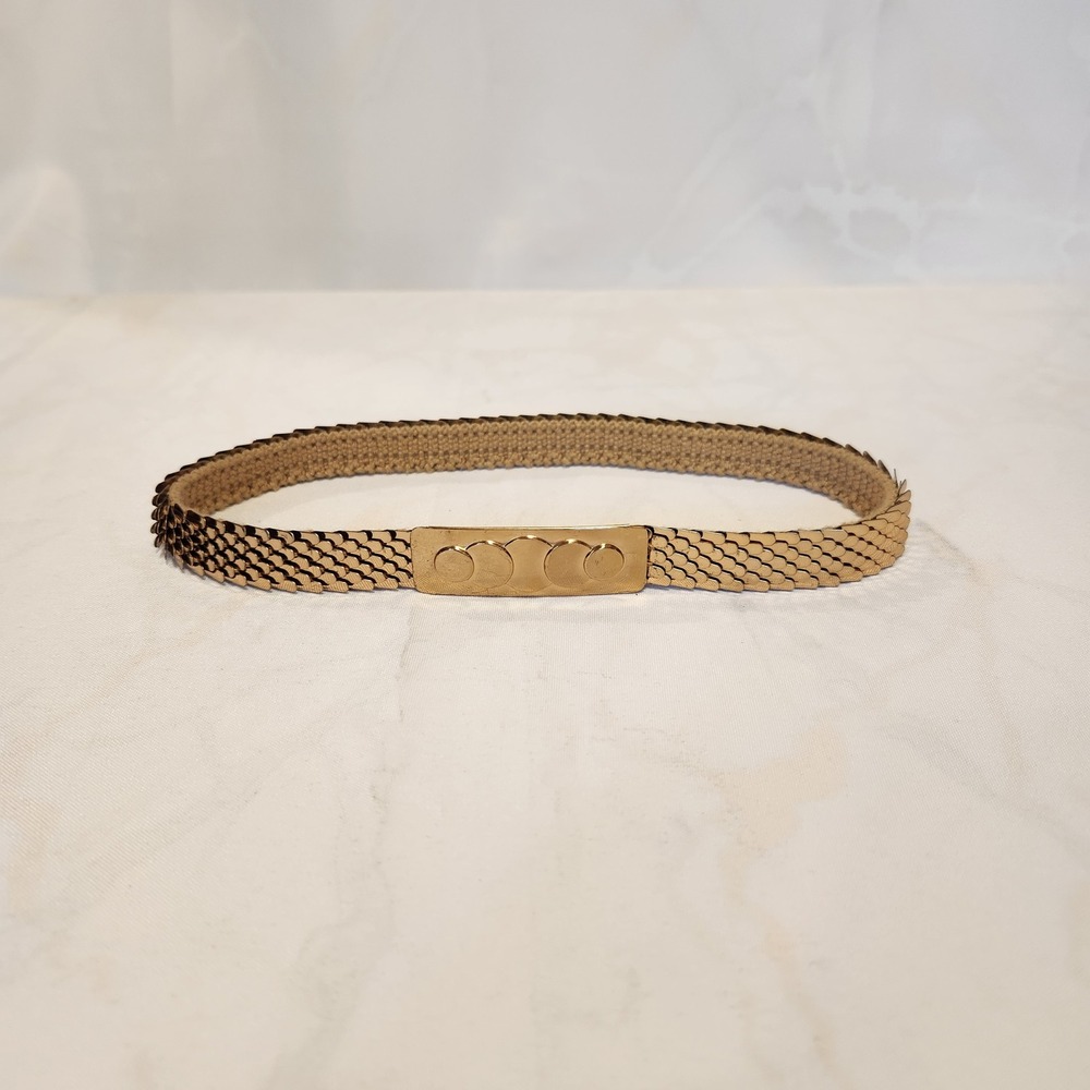 Vintage Fish Scales Belt 70s Gold Tone Stretch Elastic Hook Buckle Small 19.5 in